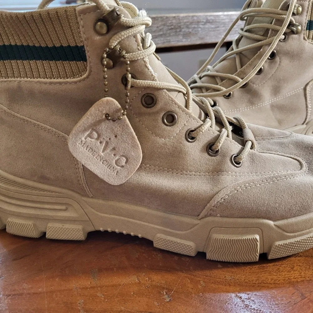 P.V.C Tan Suede Knit Collar Combat Boots Lug Sole Mens Size 43 Streetwear